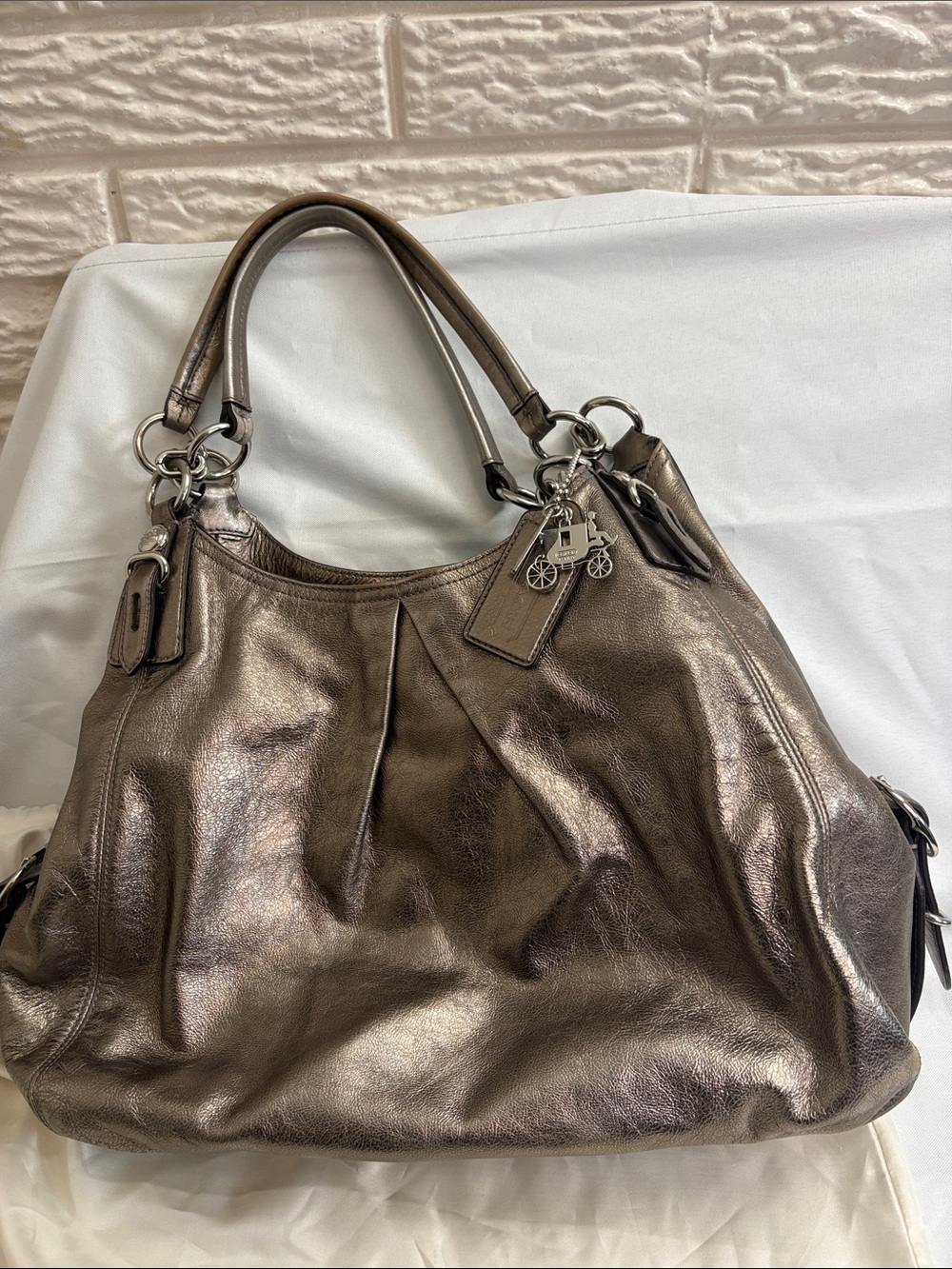 Coach Metallic Bronze Leather Shoulder Bag with Charm